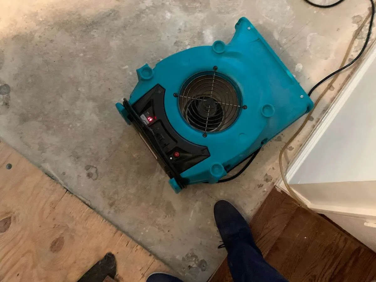 Air mover drying subfloor during Commercial Water Damage Restoration in Memphis
